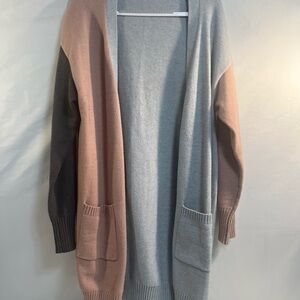 Women’s Colorblock Open Front Long Knit Cardigan Sz XL Soft Pink Gray Dk Gray